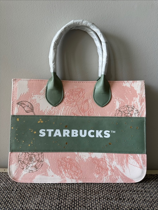 Starbucks Handbags - Starbucks Pink Floral Tote with Green Logo Band
